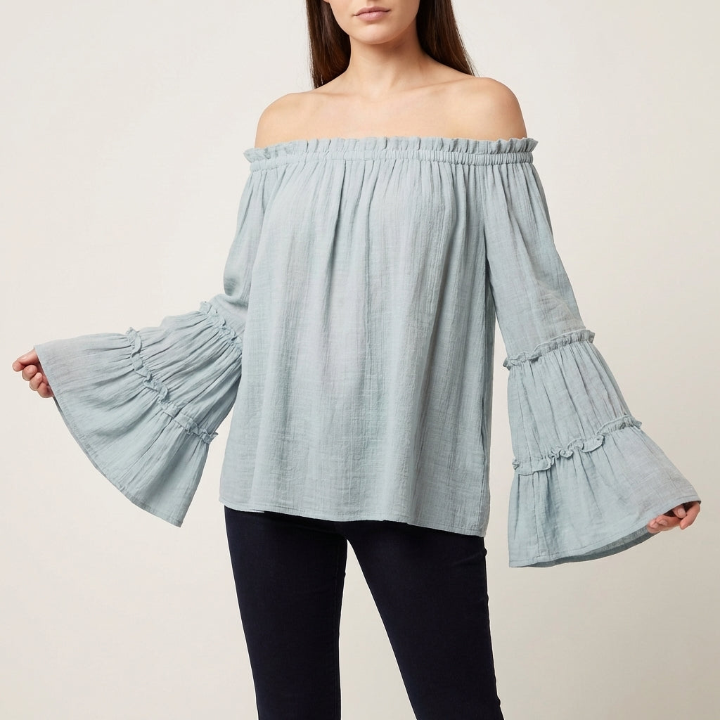 Duttini | Luxe Bohemian Off-the-Shoulder Blouse With Tiered Bell Sleeves