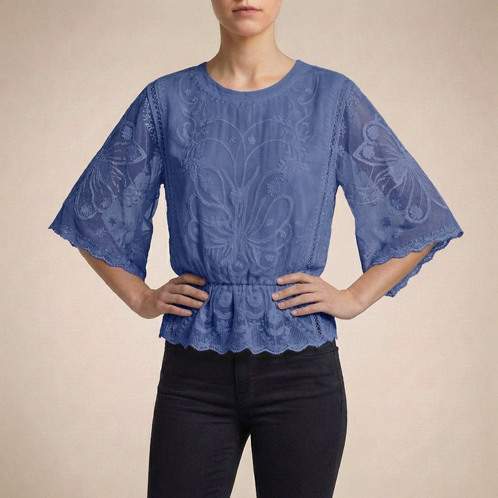 Duttini | Elegant Boho-Chic Embroidered Sheer Mesh Blouse With Flared Sleeves