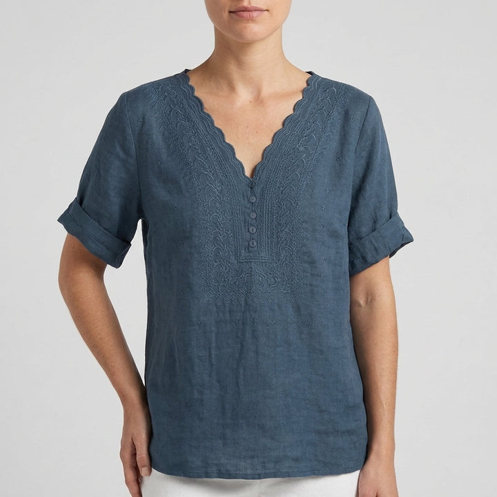 Duttini | Timeless Chloe Relaxed V-Neck Blouse With Embroidered Yoke And Scalloped Detail