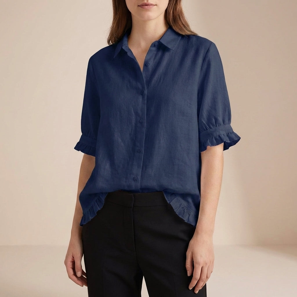 Duttini | Luxe Relaxed Boxy Button-Front Blouse With Ruffled Cuffs And Hemline