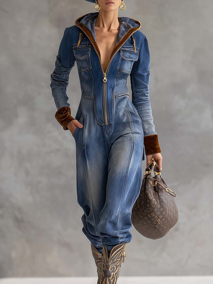 Duttini | Sculpted Hooded Zip Up Long Sleeve Jumpsuit