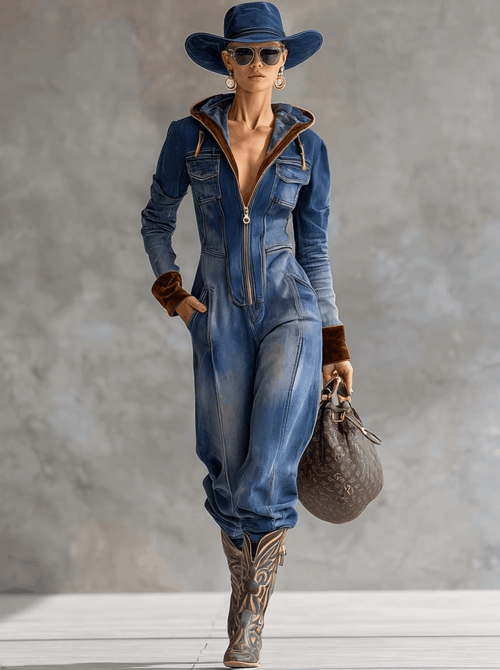Duttini | Sculpted Hooded Zip Up Long Sleeve Jumpsuit