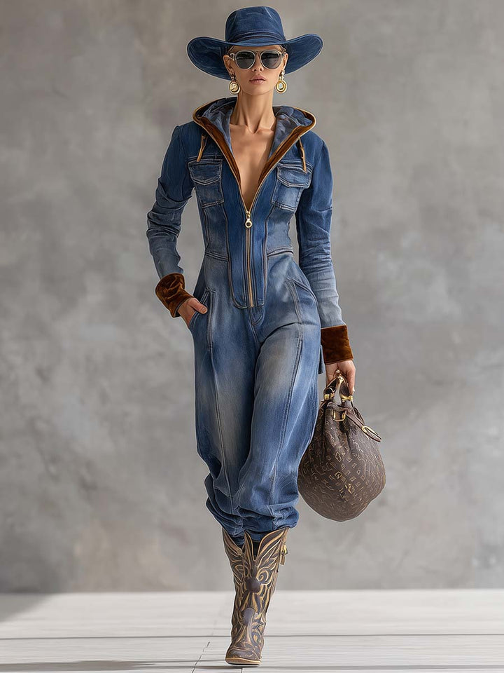 Duttini | Sculpted Hooded Zip Up Long Sleeve Jumpsuit