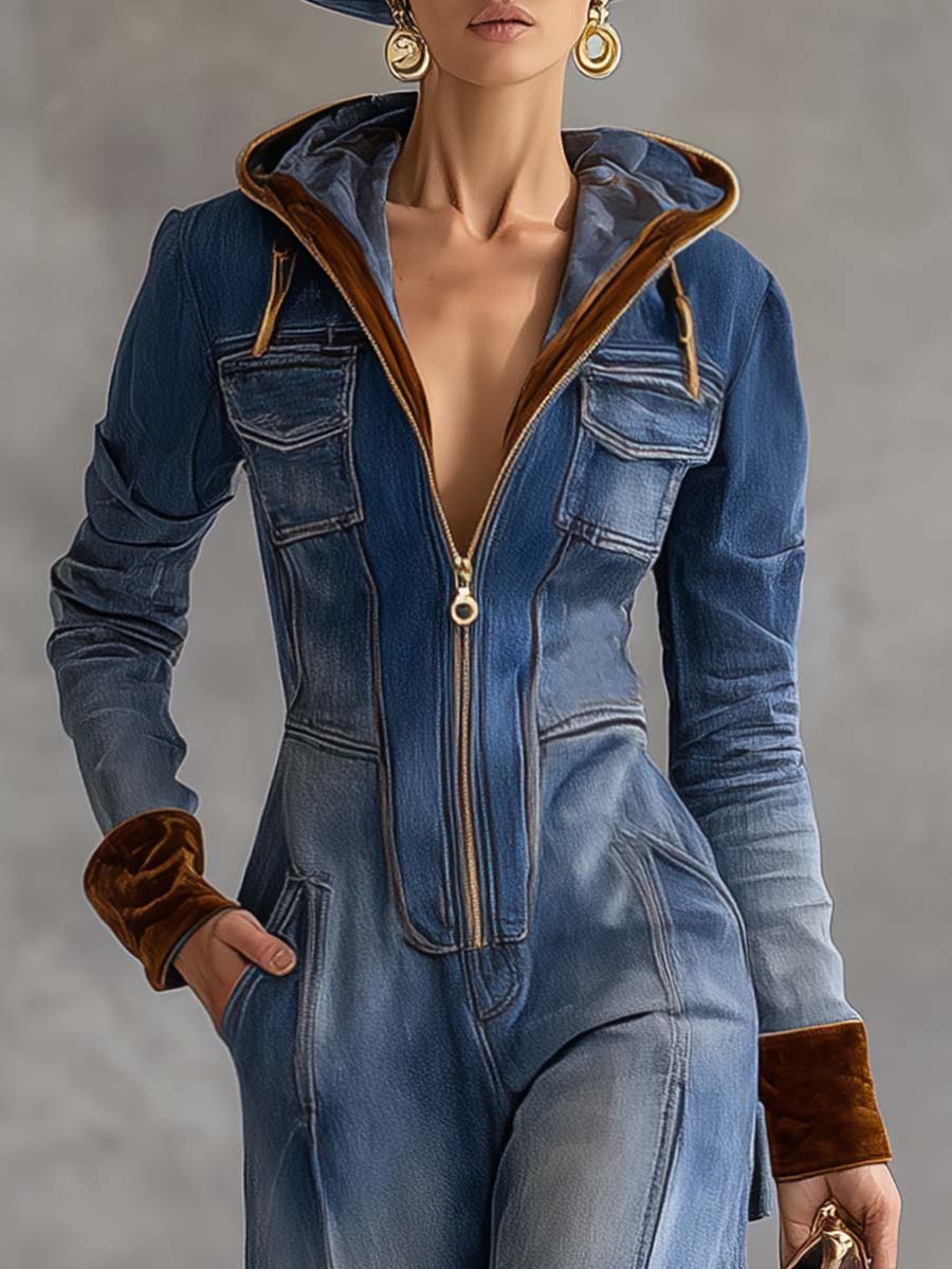 Duttini | Sculpted Hooded Zip Up Long Sleeve Jumpsuit