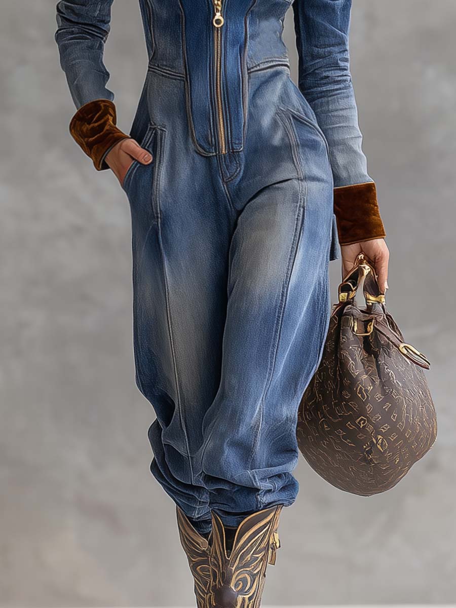 Duttini | Sculpted Hooded Zip Up Long Sleeve Jumpsuit