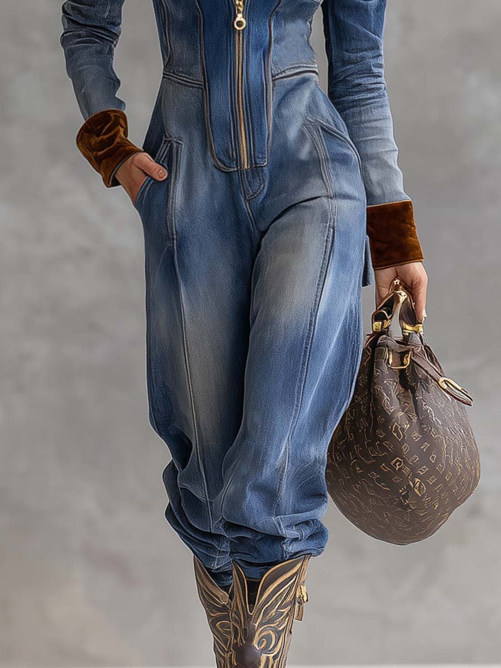 Duttini | Sculpted Hooded Zip Up Long Sleeve Jumpsuit