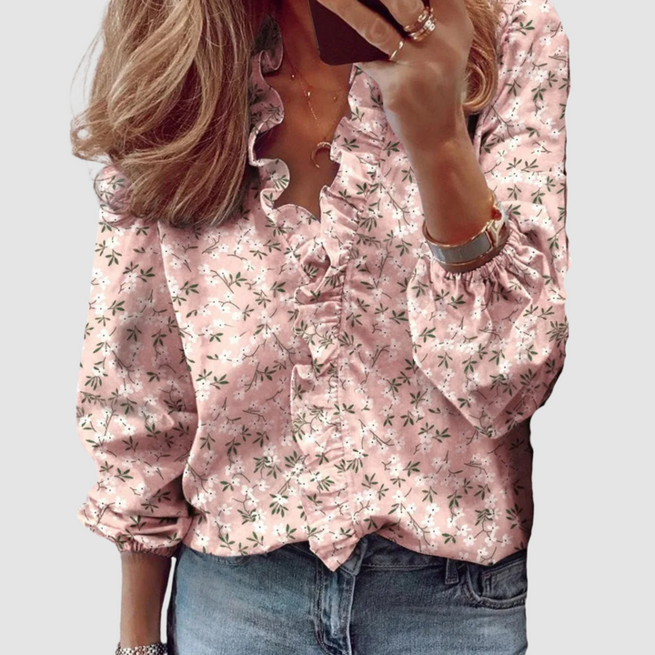 Duttini | Feminine Floral Ruffle Long Sleeve Blouse with Graceful Drape