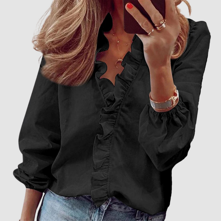 Duttini | Feminine Floral Ruffle Long Sleeve Blouse with Graceful Drape