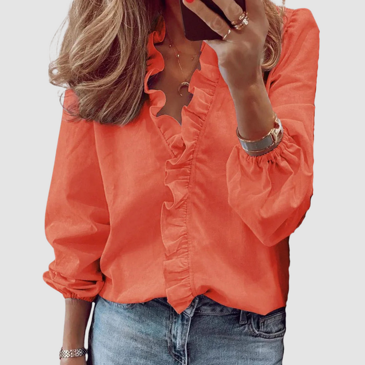 Duttini | Feminine Floral Ruffle Long Sleeve Blouse with Graceful Drape