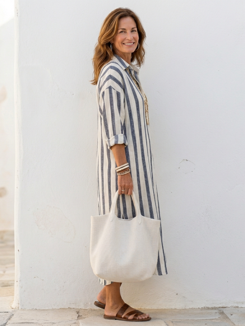 Duttini | Sculpted Striped Long Sleeve Midi Shirt Dress