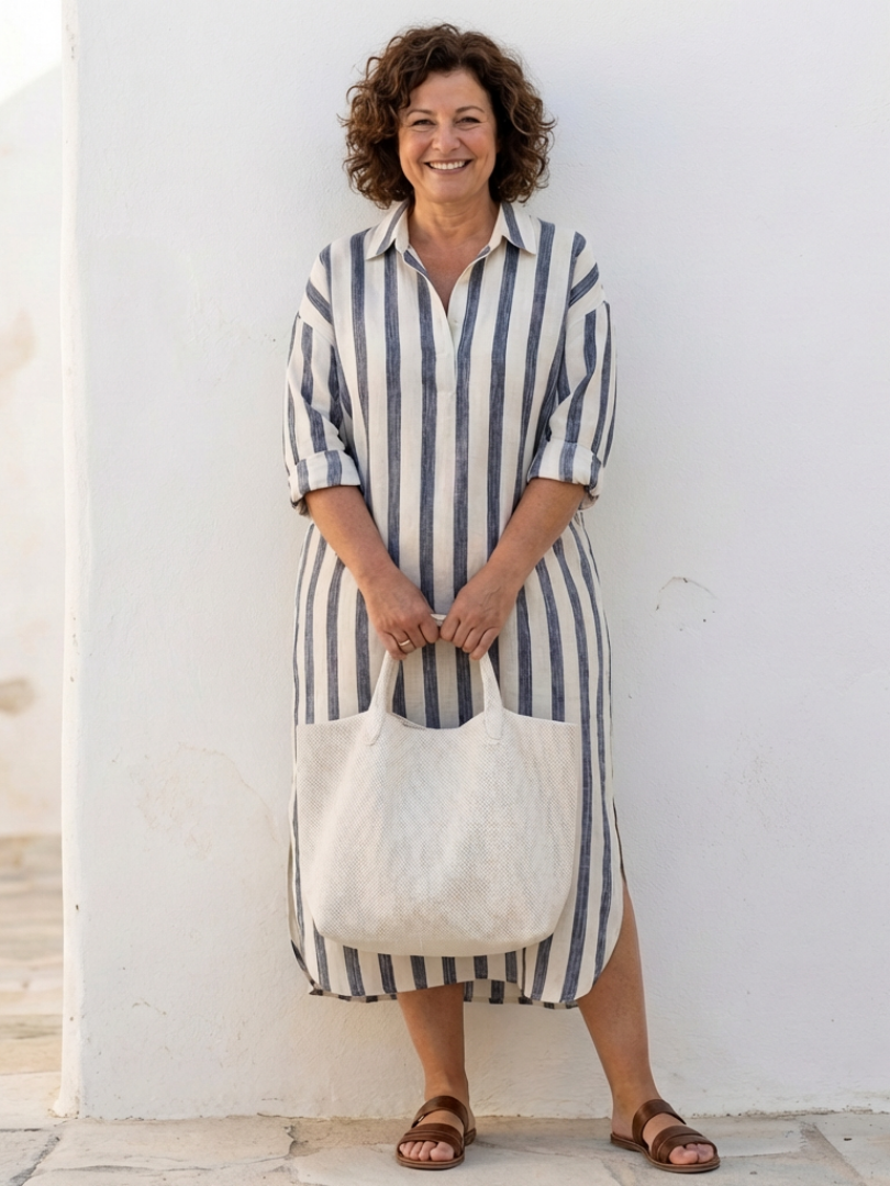 Duttini | Sculpted Striped Long Sleeve Midi Shirt Dress