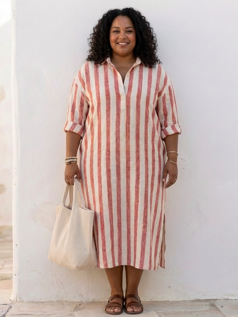 Duttini | Sculpted Striped Long Sleeve Midi Shirt Dress