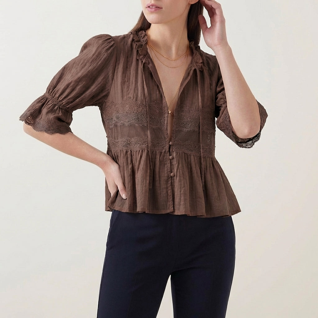 Duttini | Flowing Bohemian Babydoll Blouse With Lace Insets And Ruffle Trim