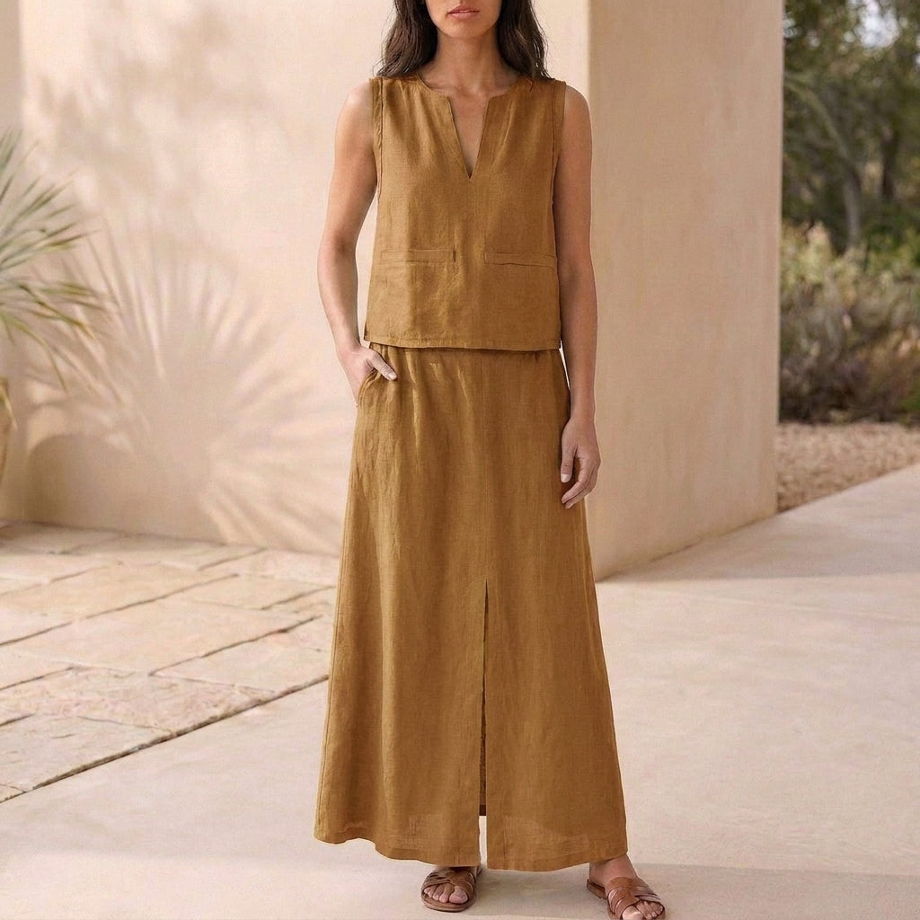 Duttini | Feminine Relaxed Sleeveless Notched V-Neck Top With Flowing Maxi Skirt Set