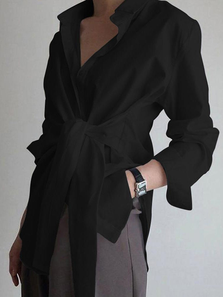 Duttini | Feminine Tie Waist Button Down Long Sleeve Shirt Blouse