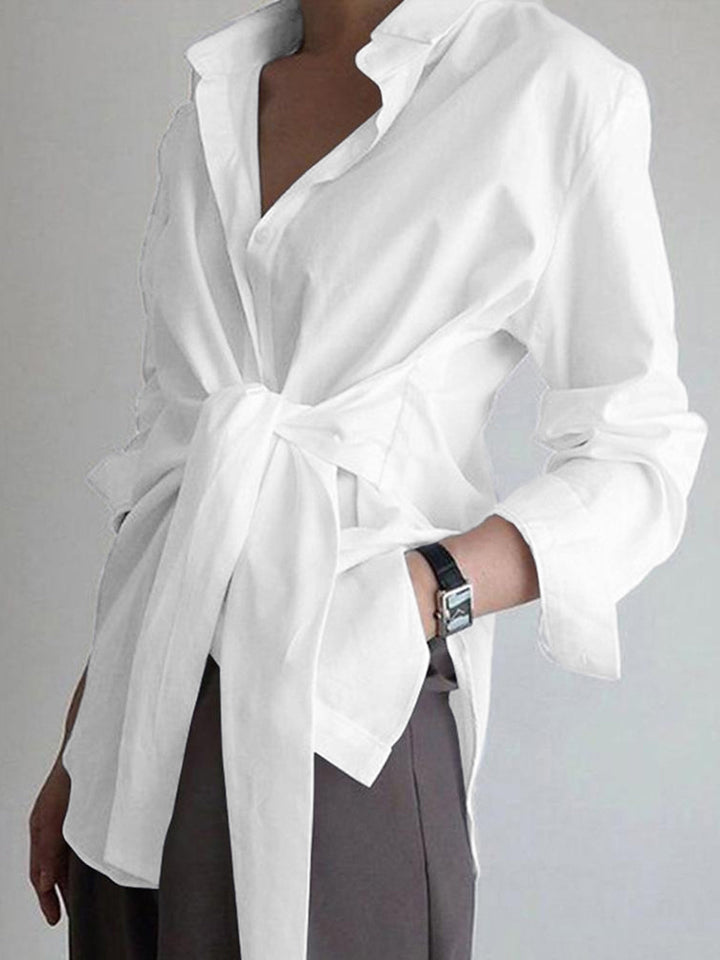 Duttini | Feminine Tie Waist Button Down Long Sleeve Shirt Blouse