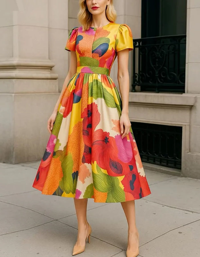 Duttini | Red Satin A-Line Pleated Puff Dress