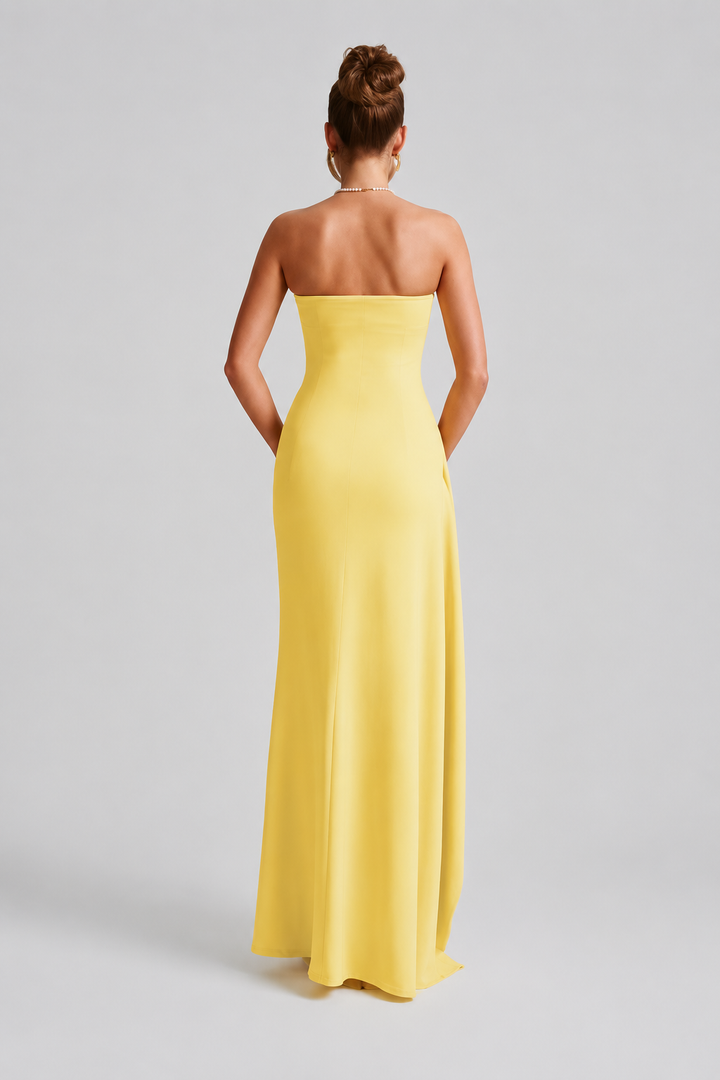 Duttini | Strapless Drape Thigh Slit Evening Gown