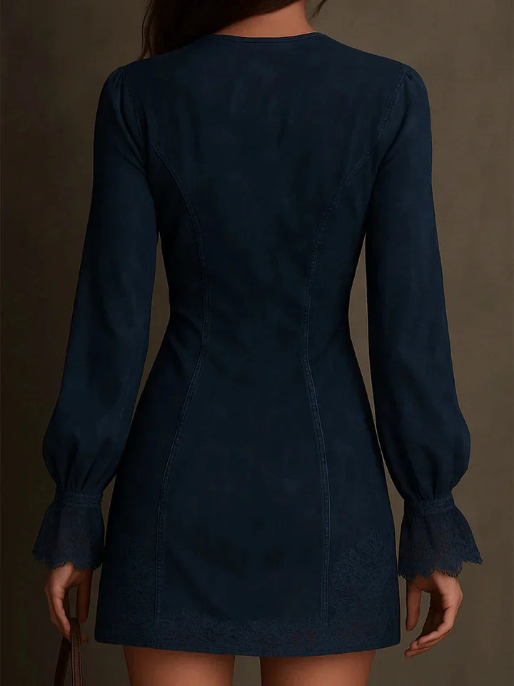 Duttini | Blue Suede Mini Dress for Women with Lace