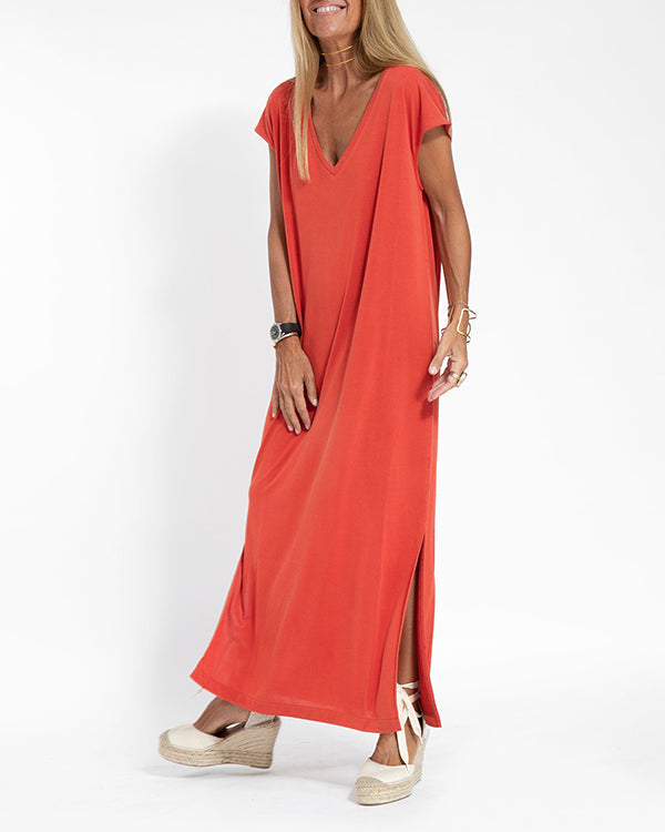Duttini | Timeless V-Neck Short Sleeve Side Slit Maxi Dress