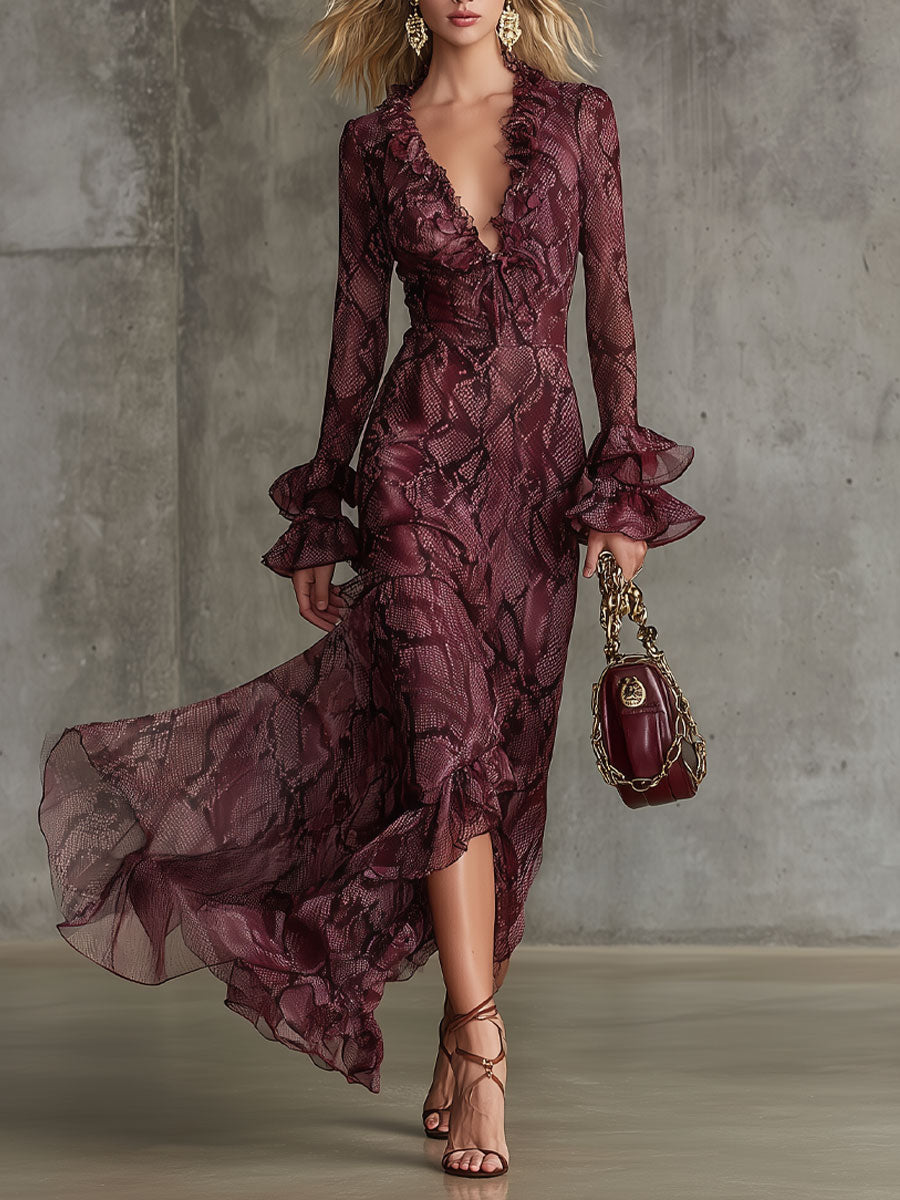 Duttini | Burgundy Chiffon Ruffle Evening Dress