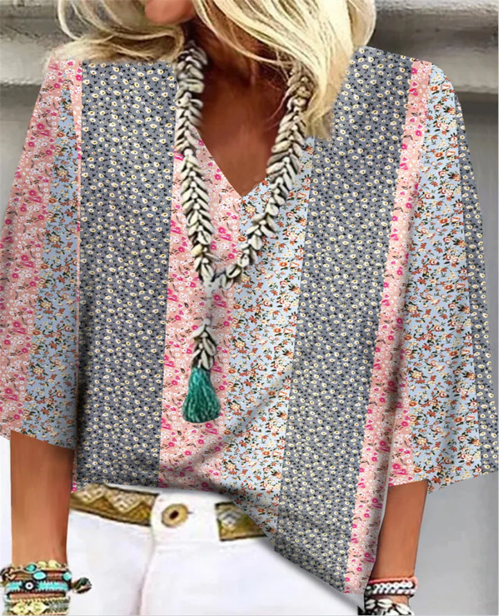 Duttini | Flowing Ditsy Floral Patchwork V-Neck 3/4 Sleeve Top