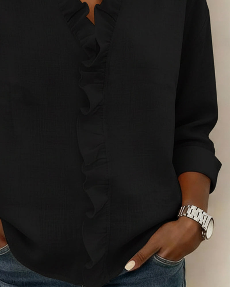 Duttini | Luxe Ruffle V-Neck Long Sleeve Blouse Spring Top