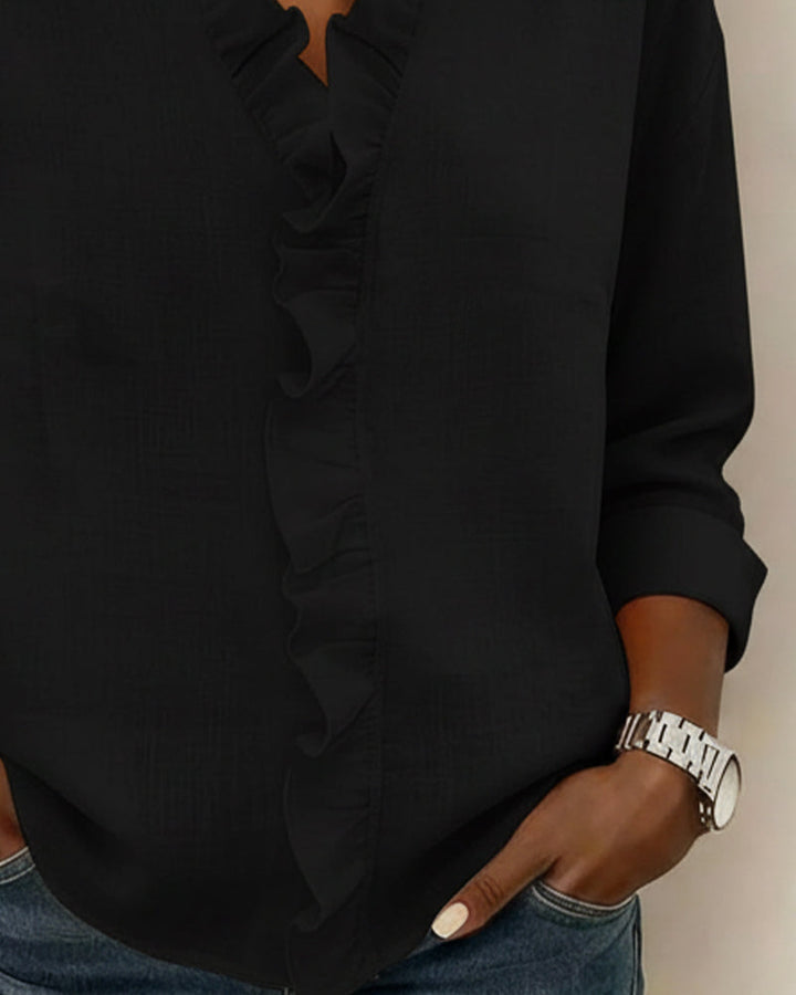 Duttini | Luxe Ruffle V-Neck Long Sleeve Blouse Spring Top