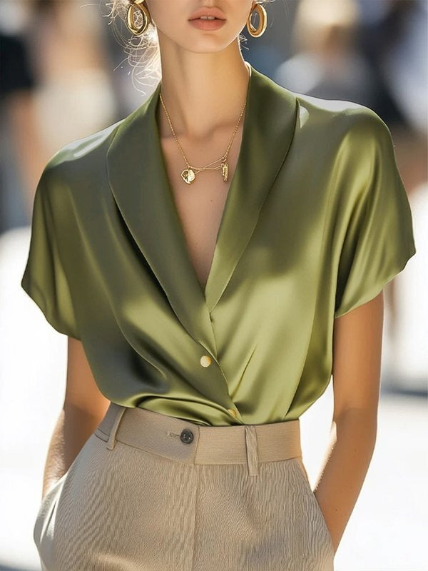 Duttini | Chic Luxurious Satin Wrap Front V-Neck Draped Blouse For Office Elegance