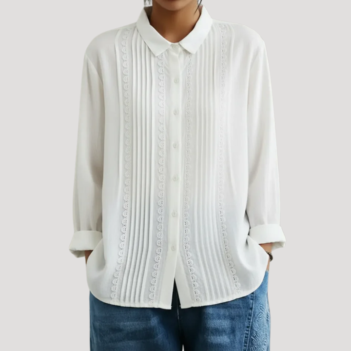Duttini | Refined Pleated Button Front Long Sleeve Blouse