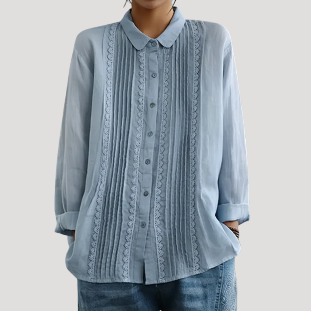 Duttini | Refined Pleated Button Front Long Sleeve Blouse