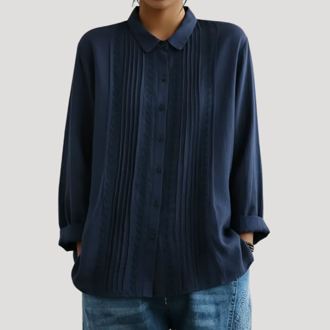 Duttini | Refined Pleated Button Front Long Sleeve Blouse