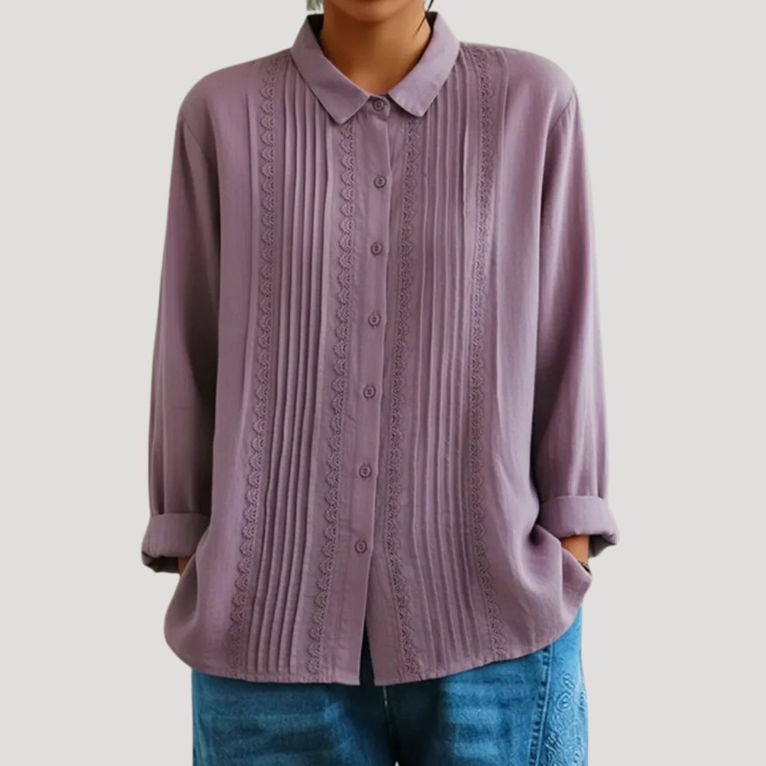 Duttini | Refined Pleated Button Front Long Sleeve Blouse