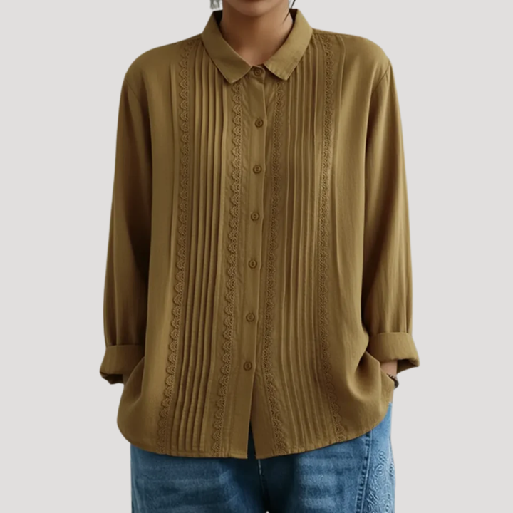 Duttini | Refined Pleated Button Front Long Sleeve Blouse