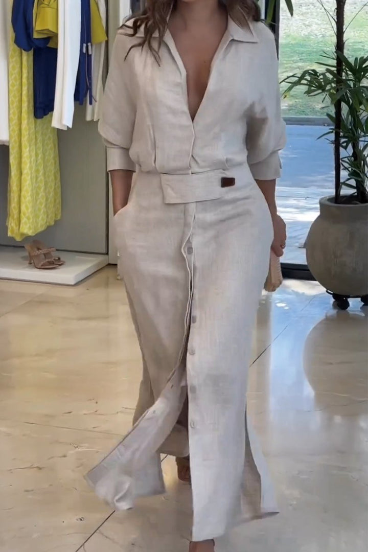 Duttini | Feminine Collared Belted Maxi Dress