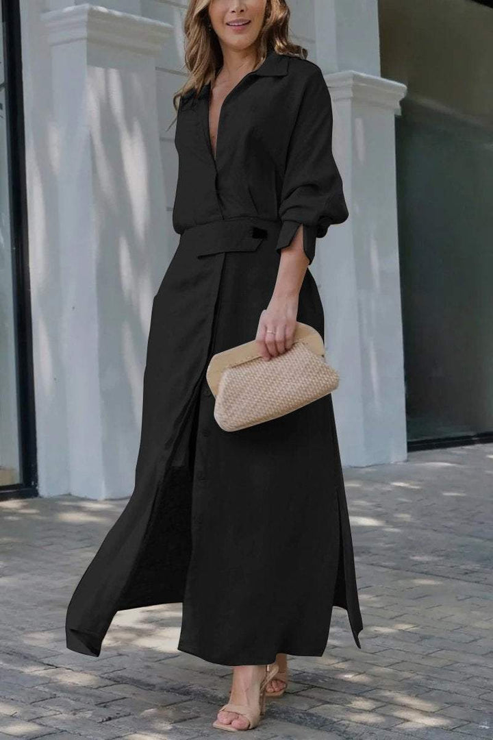 Duttini | Feminine Collared Belted Maxi Dress