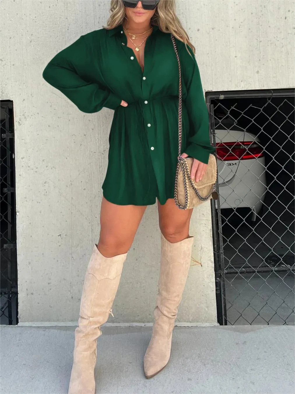 Duttini | Luxe Button Down Long Sleeve Shirt Dress in a Flattering Cut