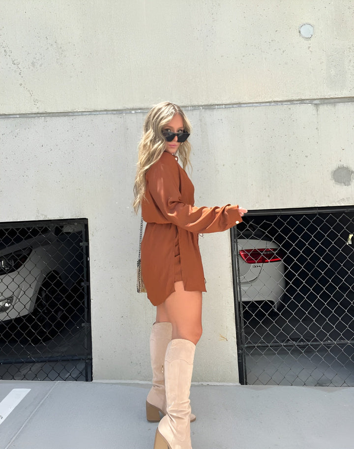 Duttini | Luxe Button Down Long Sleeve Shirt Dress in a Flattering Cut