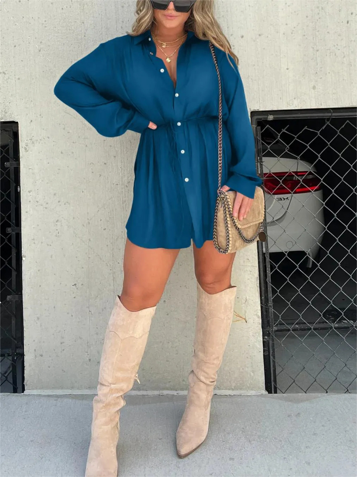 Duttini | Luxe Button Down Long Sleeve Shirt Dress in a Flattering Cut
