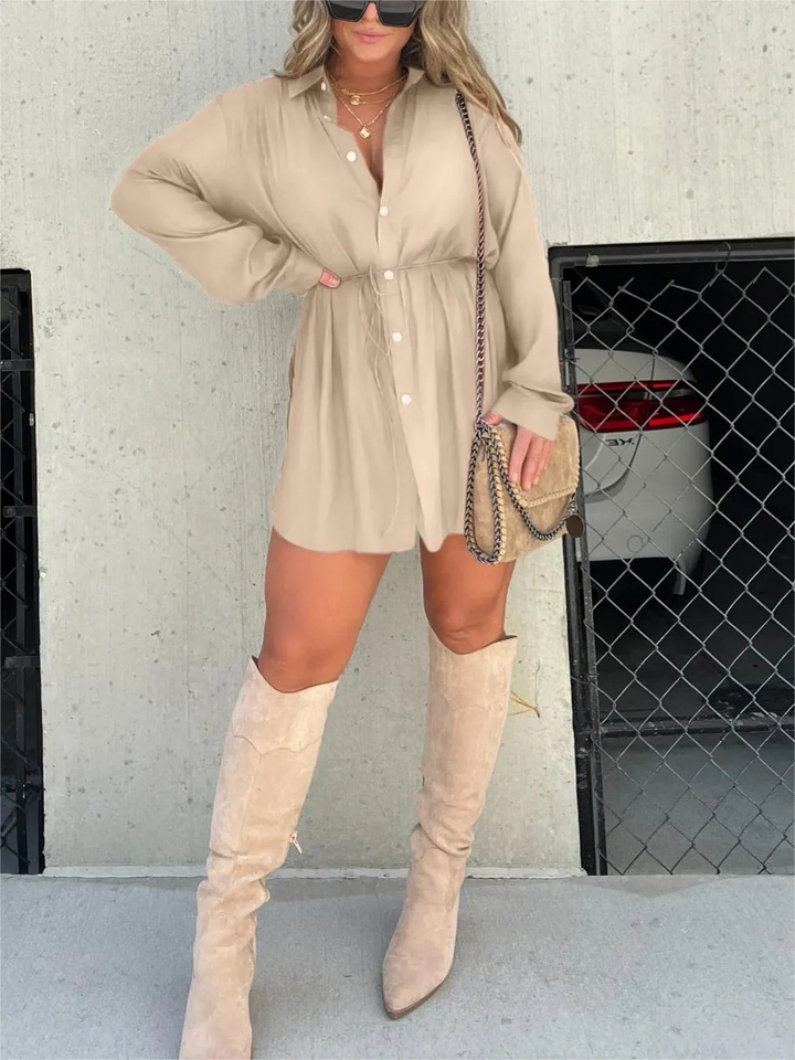 Duttini | Luxe Button Down Long Sleeve Shirt Dress in a Flattering Cut