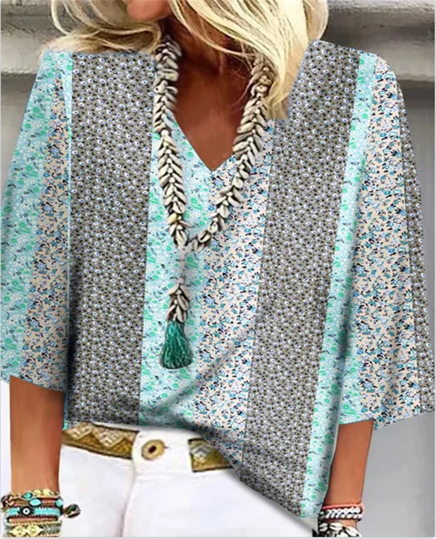 Duttini | Flowing Ditsy Floral Patchwork V-Neck 3/4 Sleeve Top