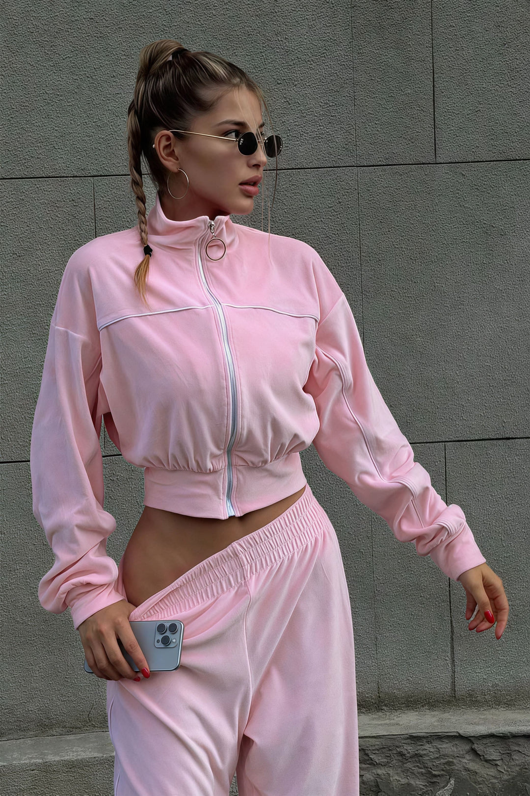 Duttini | Velvet Collar Zipper Long Sleeve Two Piece Set
