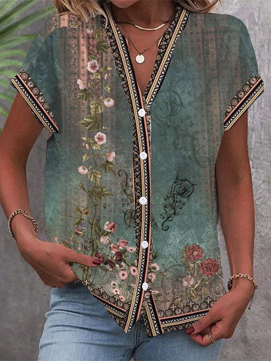 Duttini | Vintage Floral Print V-Neck Button-Down Blouse