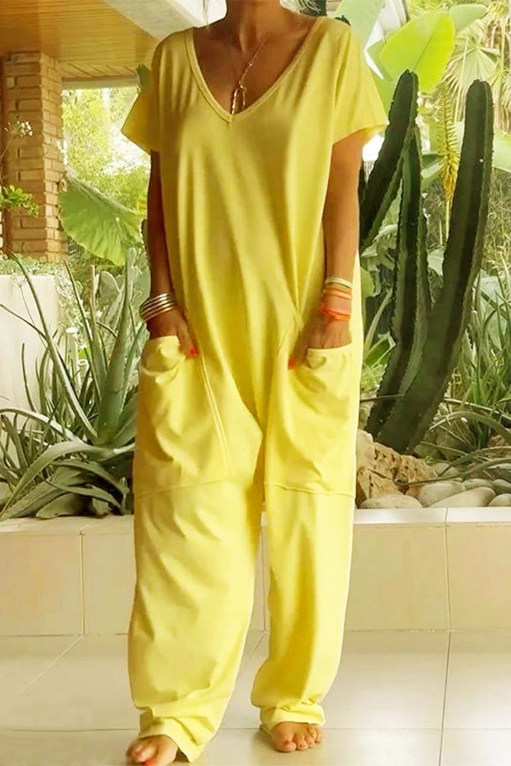 Duttini | Sophisticated V-Neck Short Sleeve Wide Leg Jumpsuit