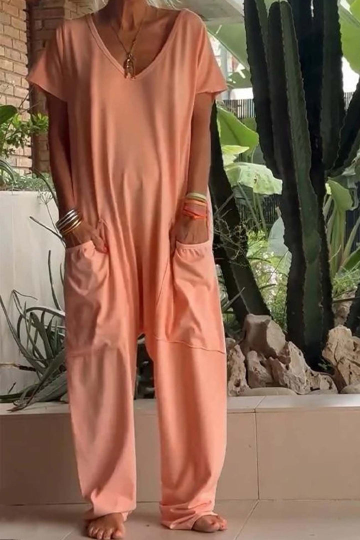 Duttini | Sophisticated V-Neck Short Sleeve Wide Leg Jumpsuit