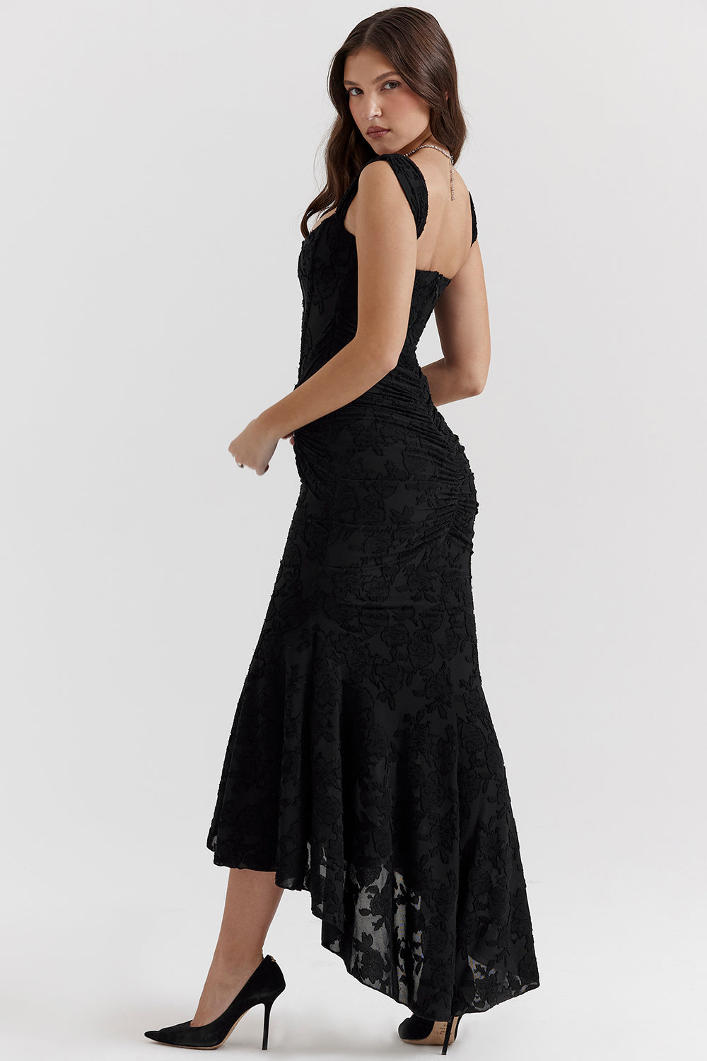Duttini | Sculpted Wedding Guest Lace Ruched Bodycon Dress Evening