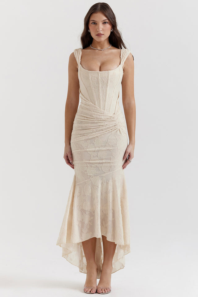 Duttini | Sculpted Wedding Guest Lace Ruched Bodycon Dress Evening