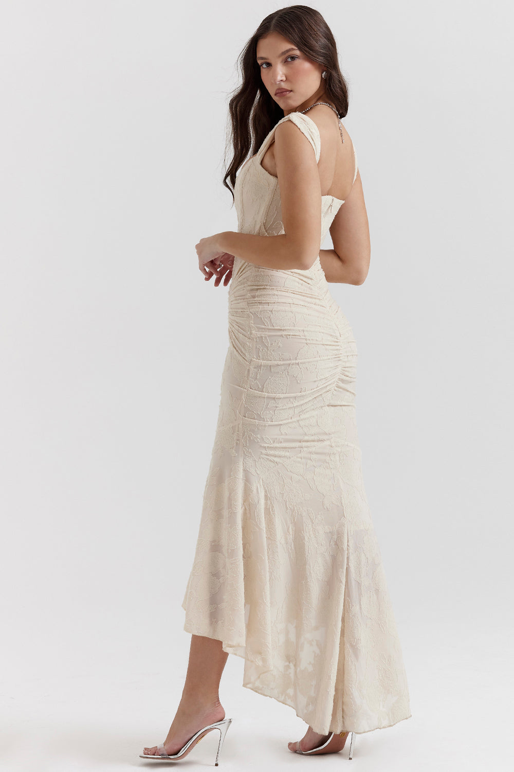Duttini | Sculpted Wedding Guest Lace Ruched Bodycon Dress Evening