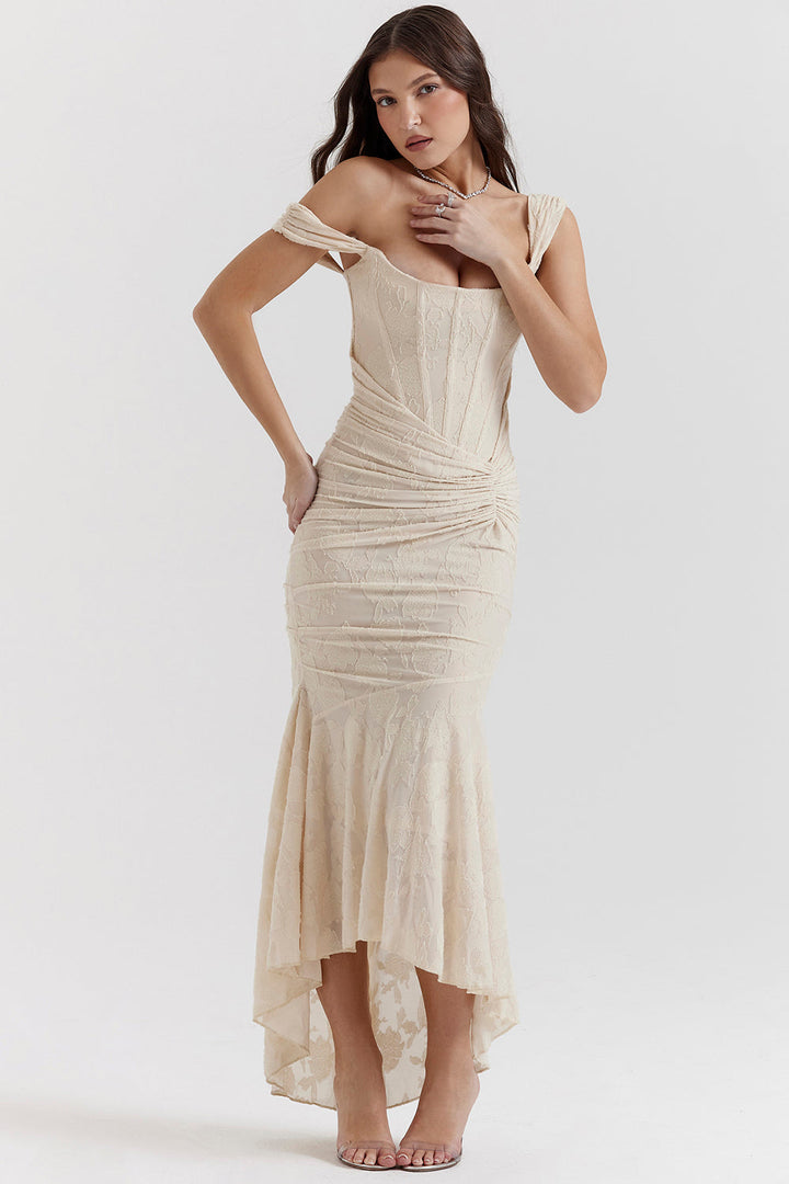 Duttini | Sculpted Wedding Guest Lace Ruched Bodycon Dress Evening
