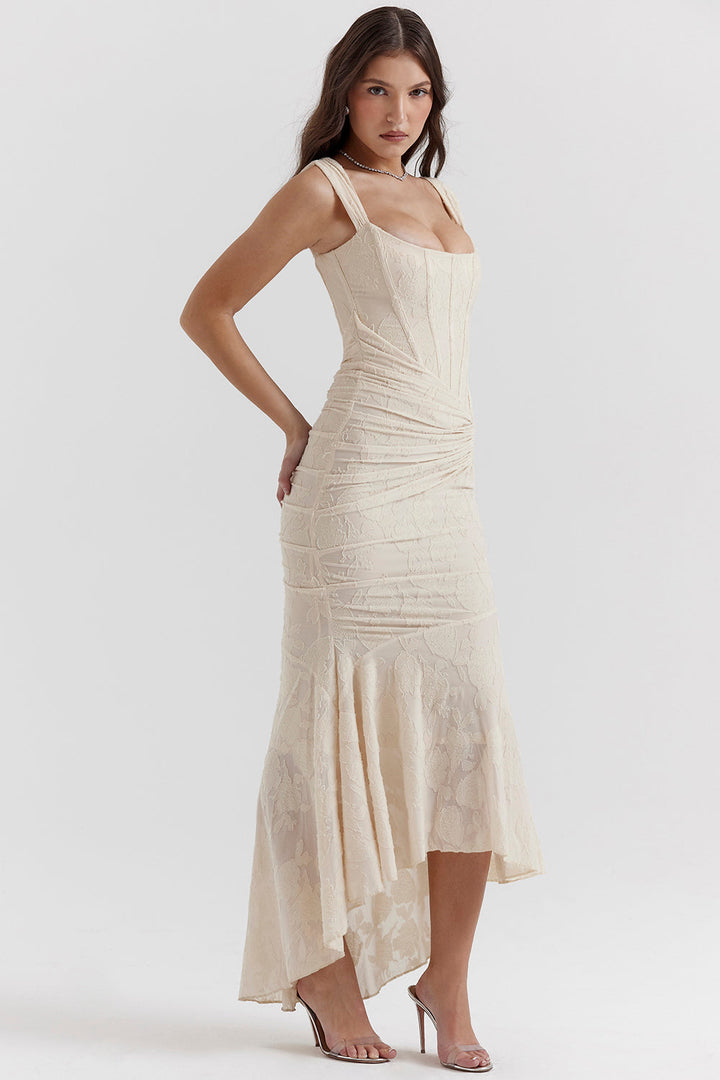 Duttini | Sculpted Wedding Guest Lace Ruched Bodycon Dress Evening